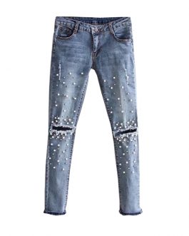 New Spring Autumn Knee hole Beading Pearl Jeans Women Stretch Skinny Denim Pants Casual Slim Fit Rivet Jeans