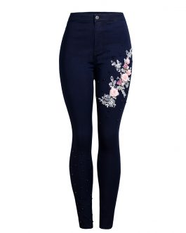 Fashion Embroidered High Waist Pants Ripped Holes Woman Denim Pencil Skinny Jeans