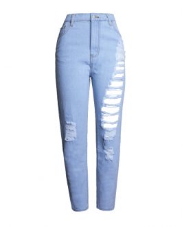 Fashion light blue women’s straight ripped jeans hole denim pants high waist cotton loose pants