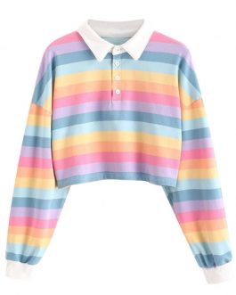 Custom Hot selling Dropped Shoulder Stripe Women Crop Top Polo Shirt