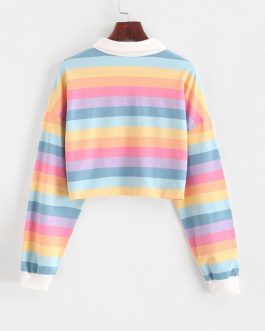 Custom Hot selling Dropped Shoulder Stripe Women Crop Top Polo Shirt