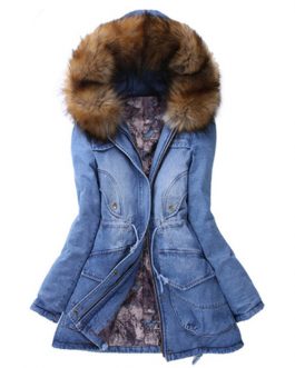 Latest Winter Women Coat With Fur Collar Long Sleeve Hooded Denim Jeans Coat Collection