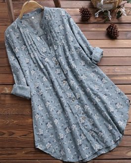 Casual Floral Print Womens V-Neck Pleated Long Sleeve T-Shirt Collection